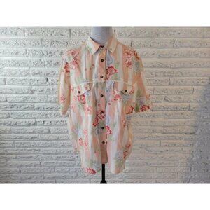 SK Wear Womens Shirt 2X Plus Short Sleeve Button Up Pink Floral Casual FLO371E